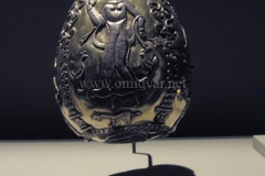 Photo of Sassanid Empire's Coins,Mosaics,Silver relief,Jewelry and seals,Pottery and stucco sculpture&Textiles. The Exhibition entitled Les Perses Sassanides, Fastes d'un Empire Oublié exhibits at the Cernuschi, Museum Paris.More than 200 items are presented at the exhibition and borrowed from the most prestigious international collections from museums in the United States, Europe and Iran testify of the diversity of this sumptuous art and of its various influences combining ancient Greek and authentic Persian traditions.The Kings court was equally sumptuous with grand parties given for princes and nobles of allied kingdoms. This ostentatious splendor encourages more "minor" arts. Silver dishes encrusted by gold coins featuring the King, Cups and Amphora's decorated by symbols related to Mazdean religion ( Pre-Islamic monotheistic religion) or shows dancers, musicians and jesters. Fine Crockery, rich silk, ceremonial jewel encrusted swords and gold or silver coins are displayed at the exhibition.